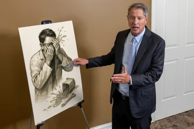 Lawyer tom mccutcheon reviews a vision loss exhibit with ophthalmology reports and diagnostic images.