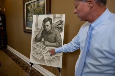 Lawyer tom mccutcheon reviews an insurance bad faith exhibit outlining claim denials and policy details.