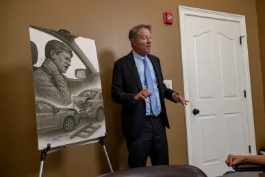 Personal injury attorney tom mccutcheon discusses a cervical injury case with a client.