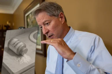 Personal injury attorney tom mccutcheon discusses a talcum powder injury case with a client.