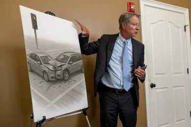 Personal injury attorney tom mccutcheon meets with a client to discuss a side impact collision case.