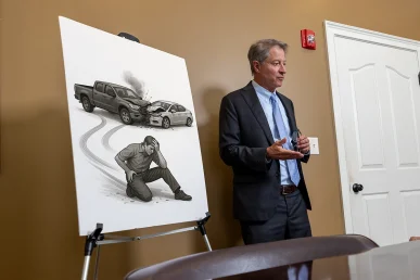 Personal injury attorney tom mccutcheon talks with a client about a potential brake failure accident claim.
