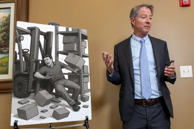 Personal injury attorney tom mccutcheon talks with a client about a workplace accident case.
