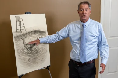 Tom examines an exhibit for a drowning accident case.