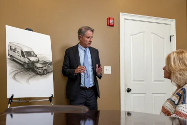 Tom mccutcheon consults with a client about a fedex delivery accident claim.