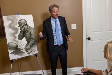 Tom mccutcheon consults with a client about a chemical exposure claim in the conference room.