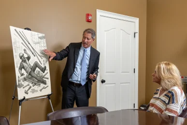 Tom mccutcheon consults with a client about a construction accident lawsuit in the mccutcheon & hamner conference room.