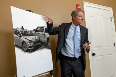 Tom mccutcheon consults with a client about a self driving vehicle accident claim.