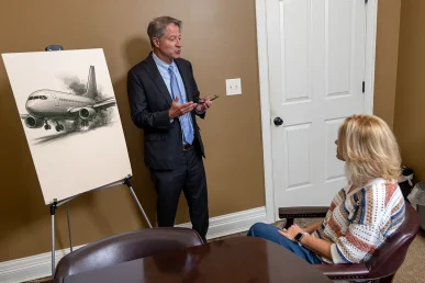 Tom mccutcheon consults with a client in the firm’s conference room about an airplane accident case.