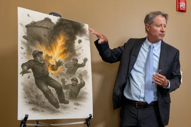 Tom mccutcheon discusses a grain bin explosion claim with a client in the firm’s conference room.