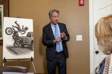 Tom mccutcheon meets with a client to evaluate a dirt bike accident case.