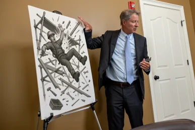 Tom mccutcheon talks with a client about a scaffolding accident claim.