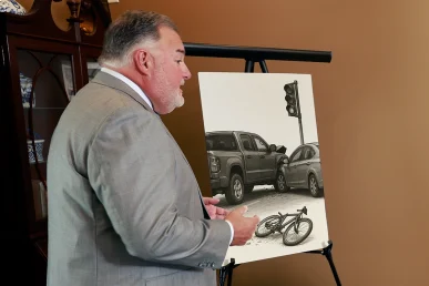 Attorney Joel Hamner reviews a car accident exhibit featuring damaged vehicles and a fallen bicycle in Huntsville, Alabama.