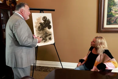 Joel Hamner talking with a client about an ATV accident case in Florence Alabama