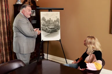 Joel Hamner with client discussing car accident lawyer Florence Alabama.