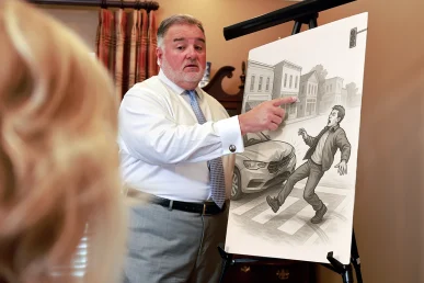 Lawyer Joel Hamner points at an exhibit illustrating a pedestrian accident in Athens during a client meeting about a.