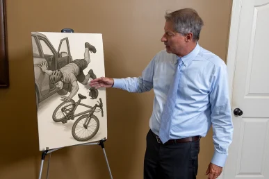 Tom McCutcheon points to a courtroom exhibit showing a bicycle accident scene involving a cyclist and a car.