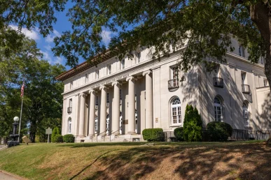 Wide view of the old Florence courthouse front steps and entrance