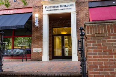 Steps leading up to the Fletcher Building at 475 Providence Main Street in Huntsville, Alabama.