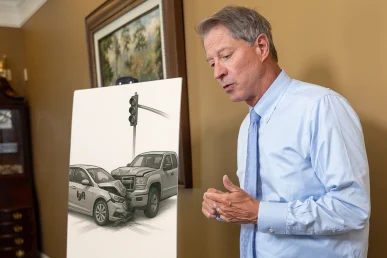 Tom McCutcheon discusses a rideshare accident with a client, referencing an illustration of a crash with a traffic light.