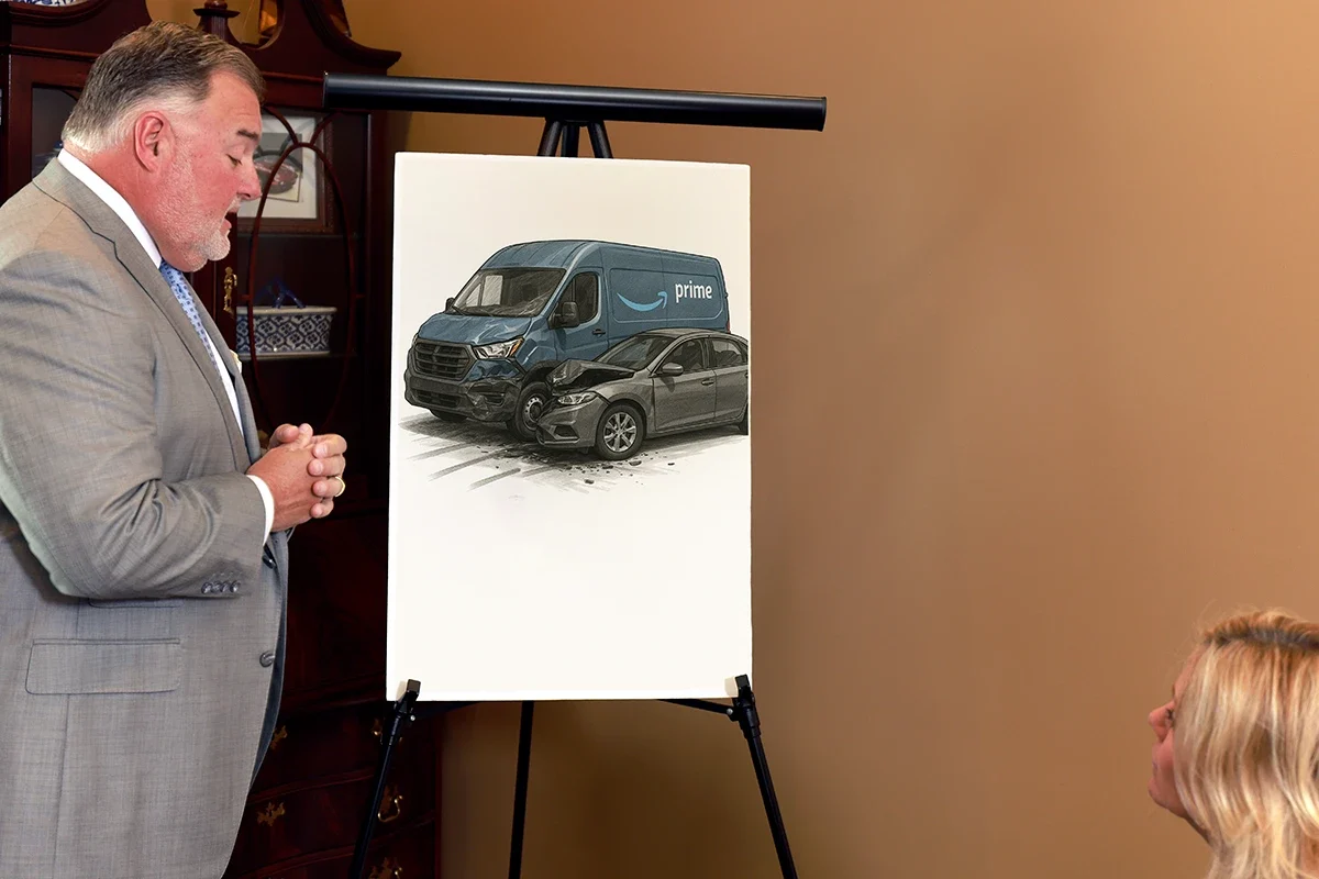 Attorney joel hamner meets with a client to review an amazon prime accident exhibit showing delivery route evidence and crash details.